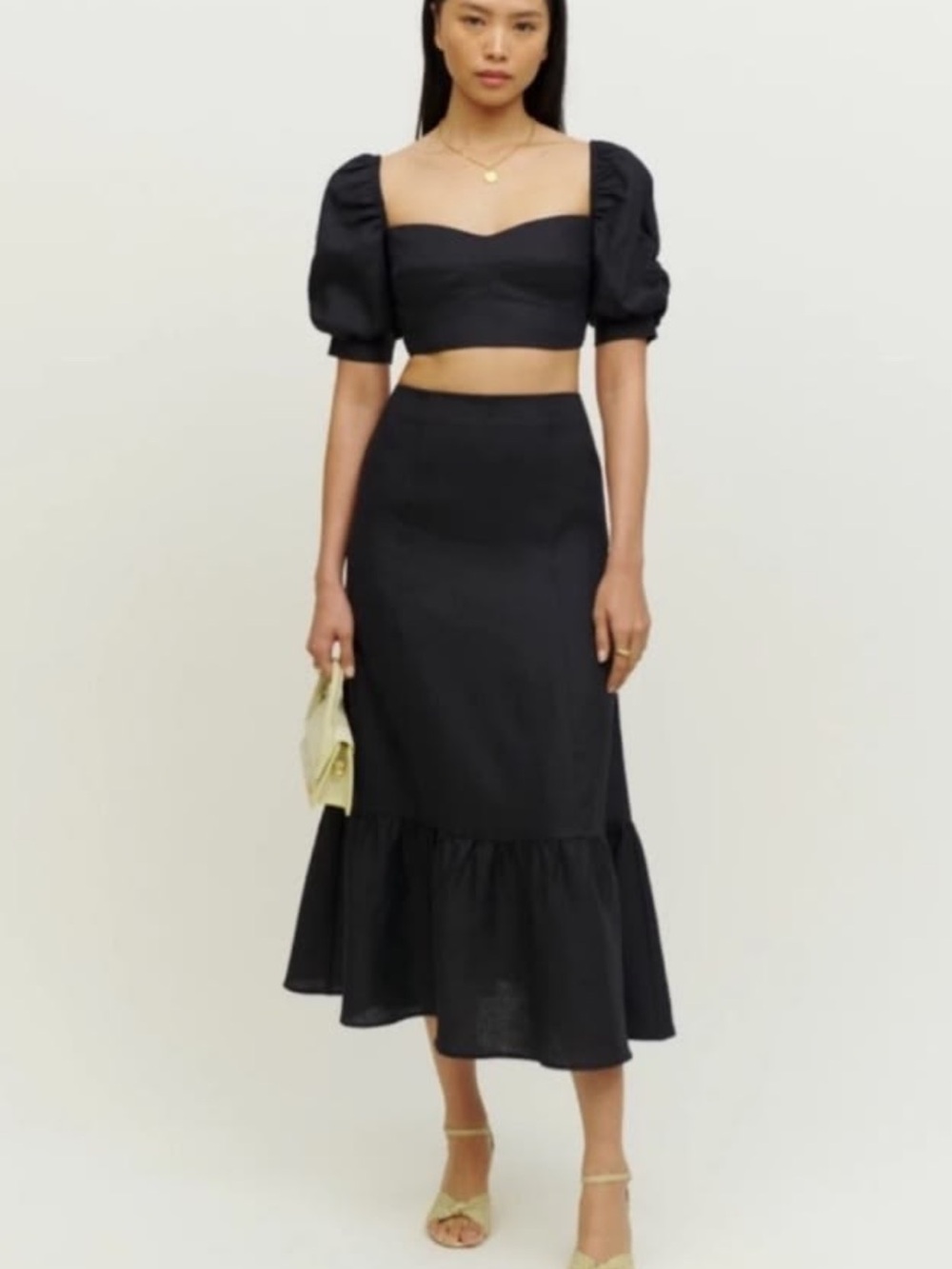 Reformation Sunnie Set - Black Top and Midi Skirt with Ruffle Hem